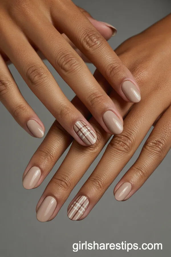 Muted Sand Round Nails with Neutral Plaid Accent