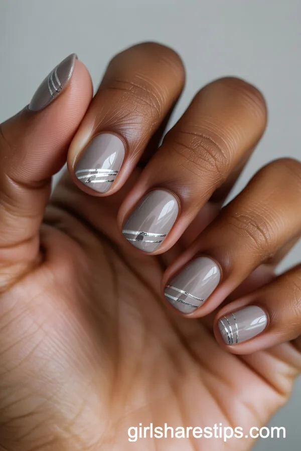Greige Short Round Nails with Thin Silver Stripes