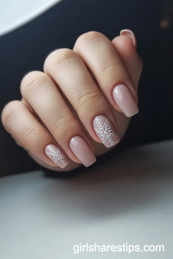 Dusty Pinkish Nude Squoval Nails with White Snowflakes