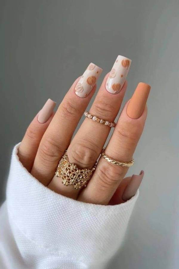 Matte Pumpkin Accent Nails