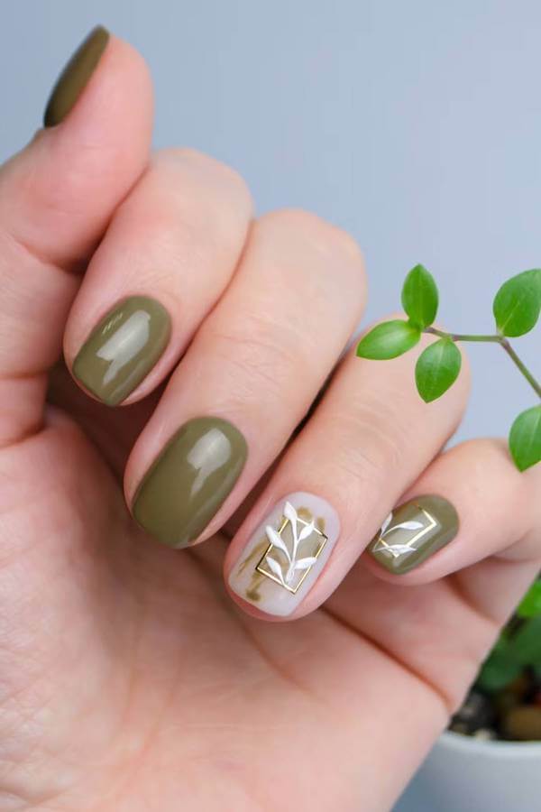 Olive Green Leaf Accent Nails