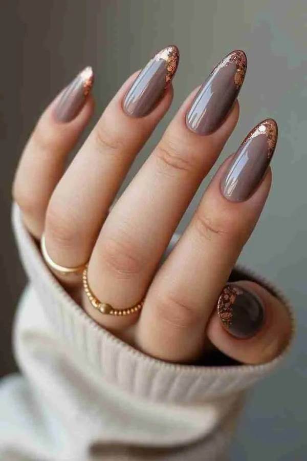 Taupe Nails with Bronze Glitter Tips