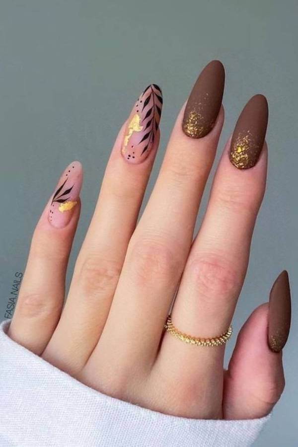 Matte Brown and Gold Leaf Nails