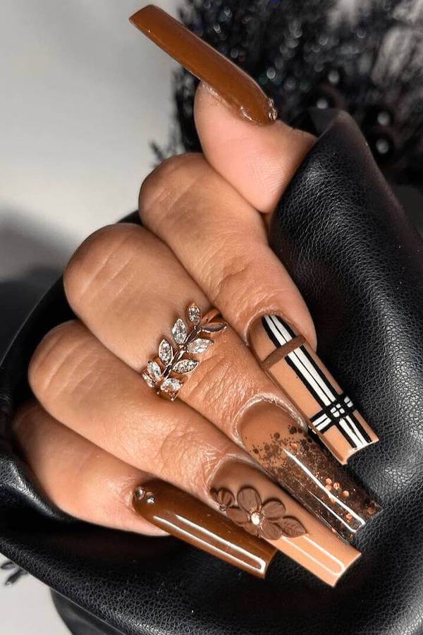 Brown and Nude Coffin Nails with Plaid Detailing