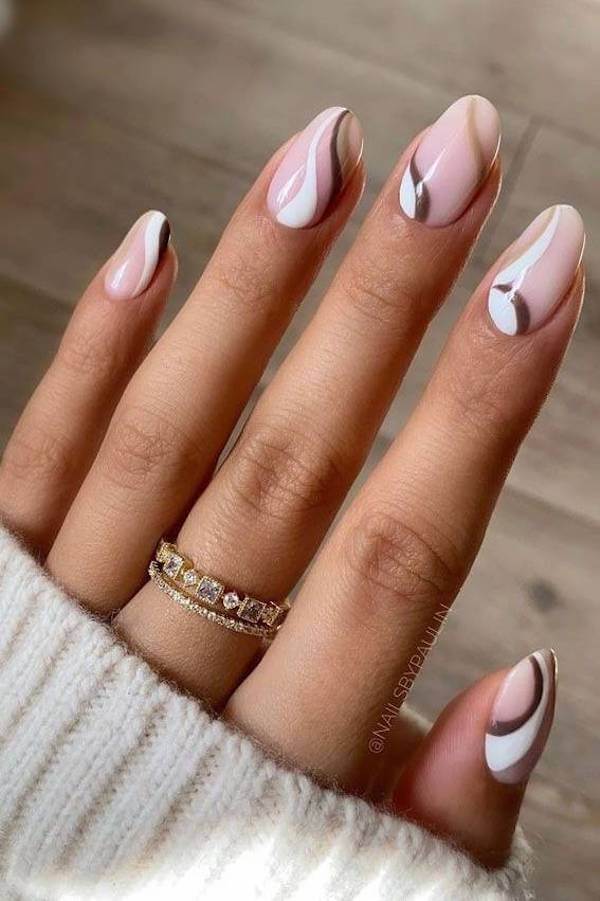 Modern Nude and Brown Swirl Nails