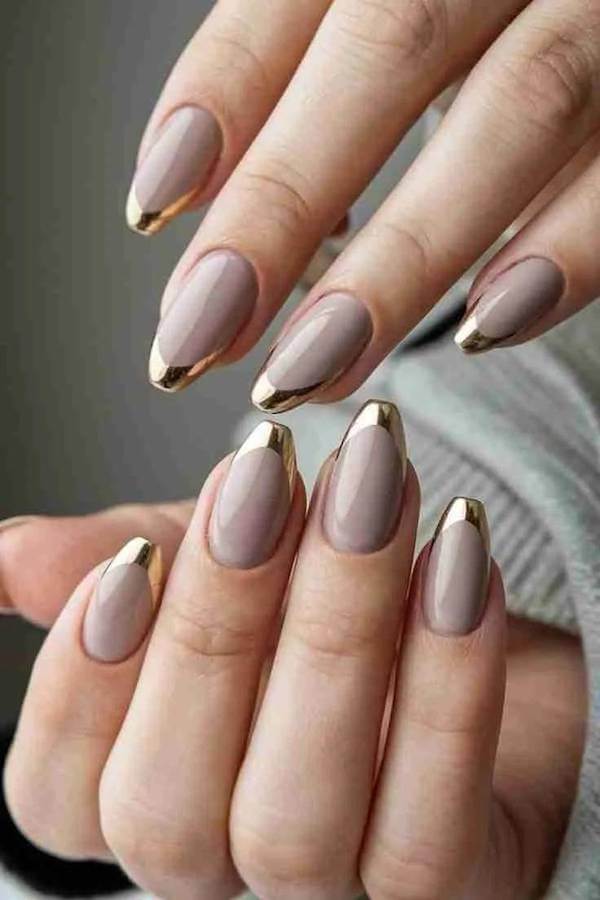 Taupe Nails with Metallic Gold Tips