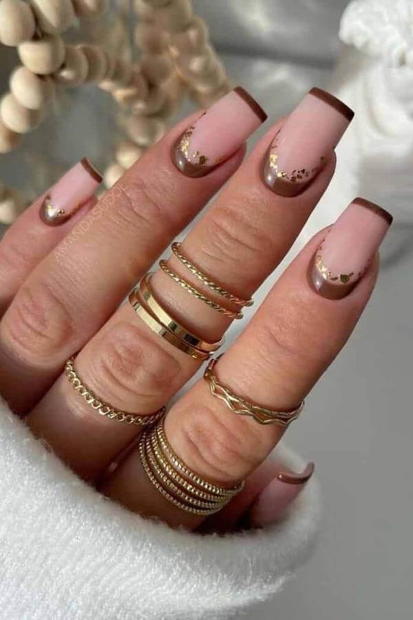 Brown French Tips with Gold Foil Nails