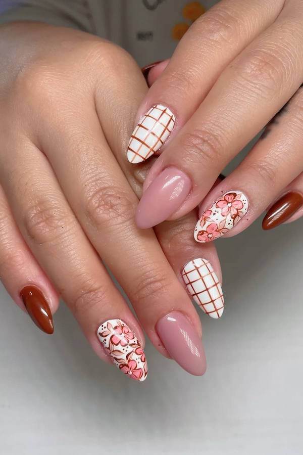 Fall Plaid and Floral Accent Nails