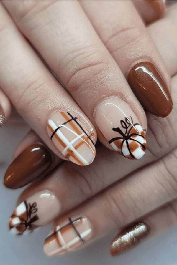 Brown and Plaid Pumpkin Nails