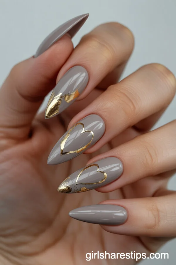 Greige Stiletto Nails with Negative Space Hearts and Gold Leaf