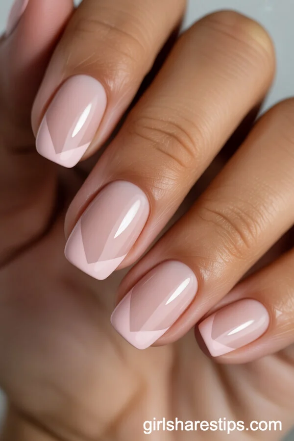Pale Pink Squoval Nails with Nude V-Shaped Tips