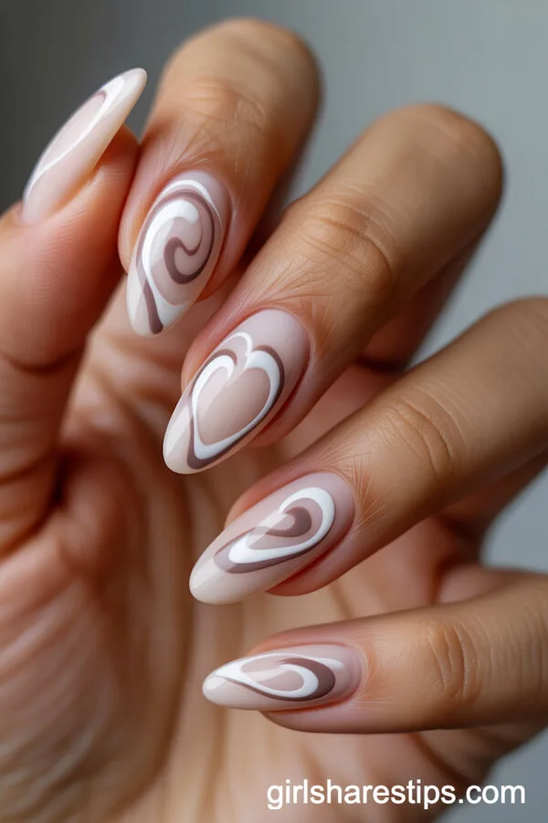 Almond Nude Nails with Abstract Heart Swirl Designs