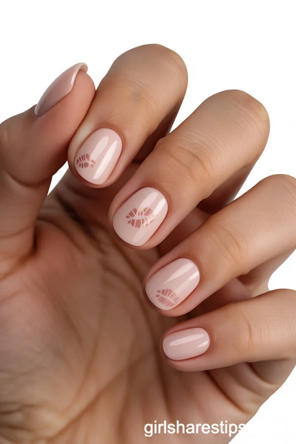 Rosy Nude Short Round Nails with Subtle Kiss Mark Designs