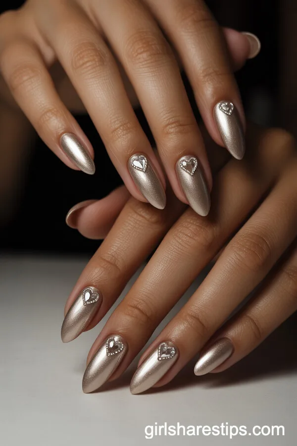 Shimmering Champagne Gold Almond Nails with Crystal Hearts