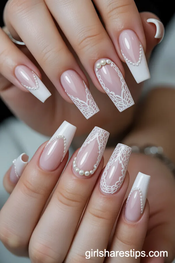 Porcelain Pink Coffin Nails with 3D Lace and Pearl Embellishments