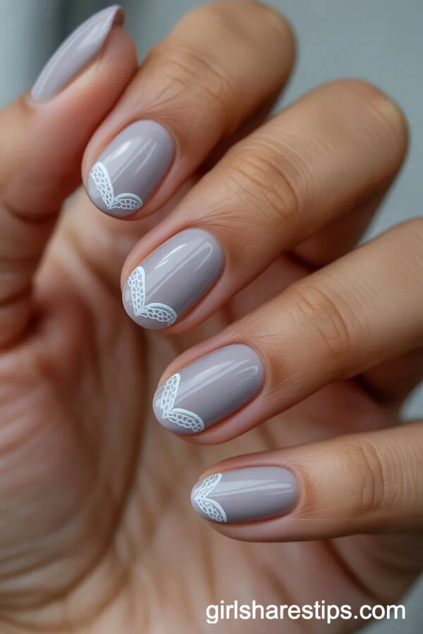 Sheer Dove Gray Oval Nails with Hand-Painted Lace Heart Tips
