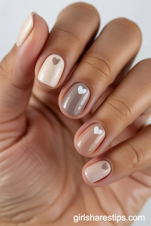 Neutral Pastel Short Round Nails with Minimalist Heart Accents