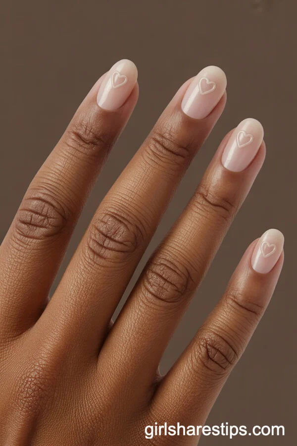 Short Nude Nails with Embossed Heart Accents