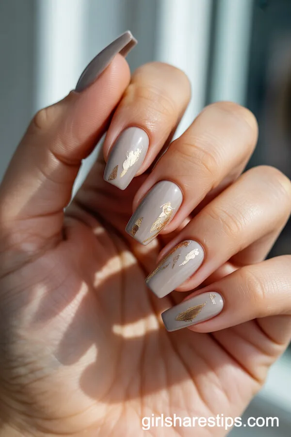 Coffin Taupe Nails with Gold Foil Flakes