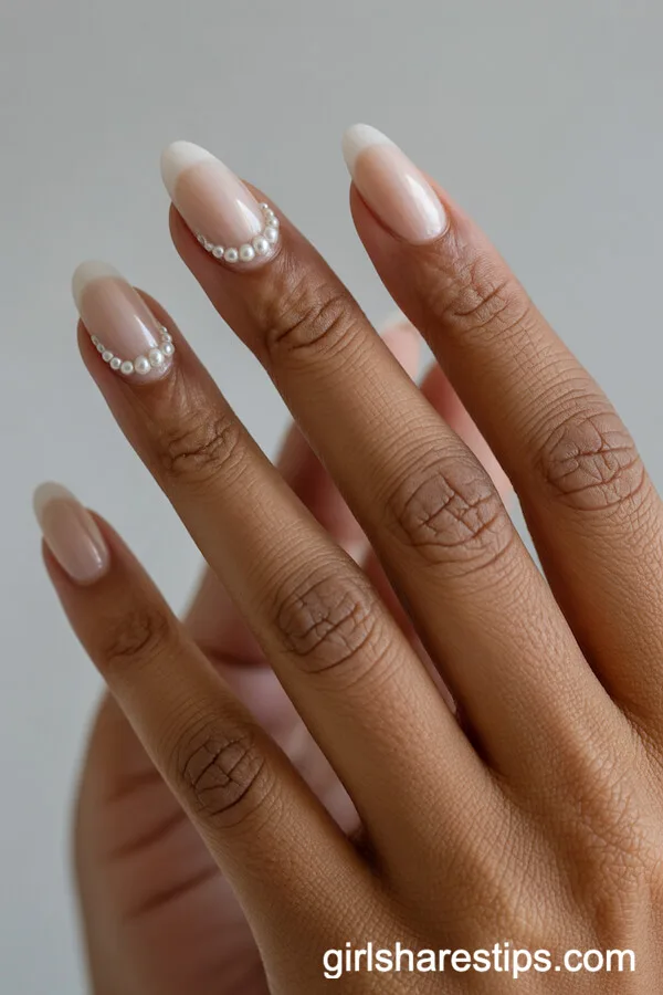 Sheer Beige Oval Nails with Pearl Details