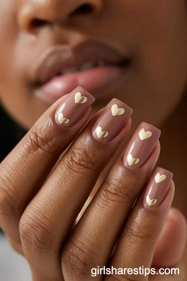 Warm Blush Square Nails with Gold Heart Accents