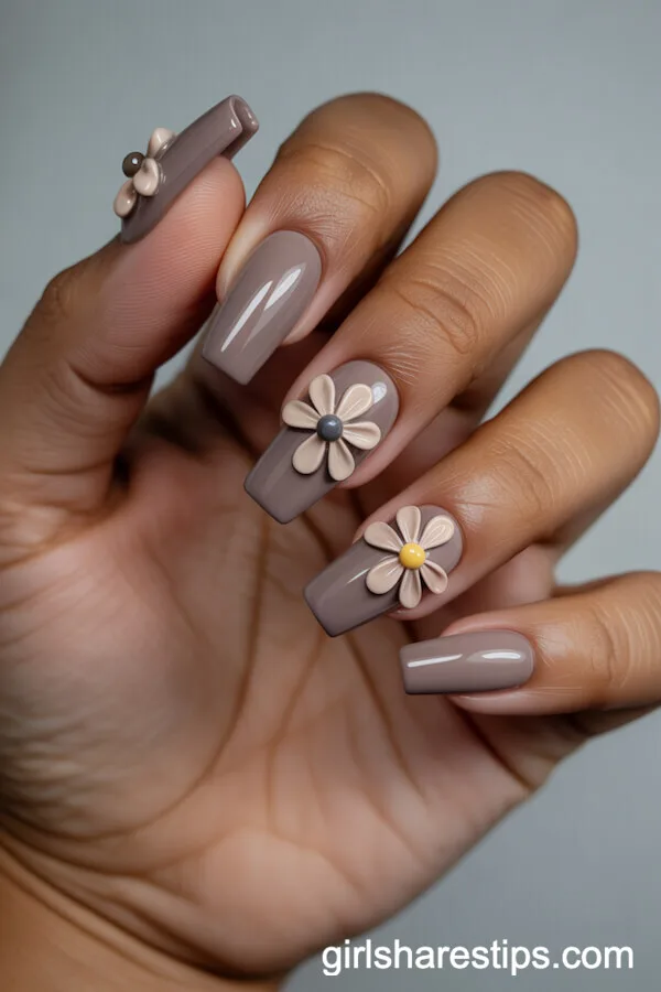 Muted Taupe Coffin Nails with 3D Neutral Flowers