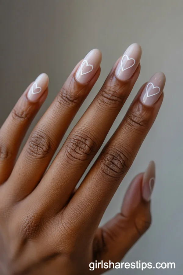 Milky Latte Oval Nails with Delicate White Heart Outlines