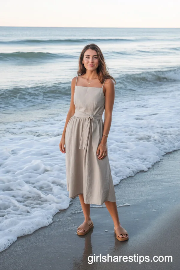 Sand-Colored Linen Midi Dress with Minimalist Accessories
