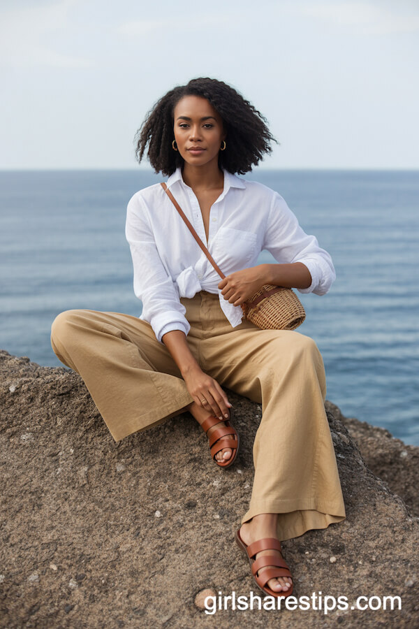 White Boyfriend Shirt Oat Linen Wide-Leg Pants