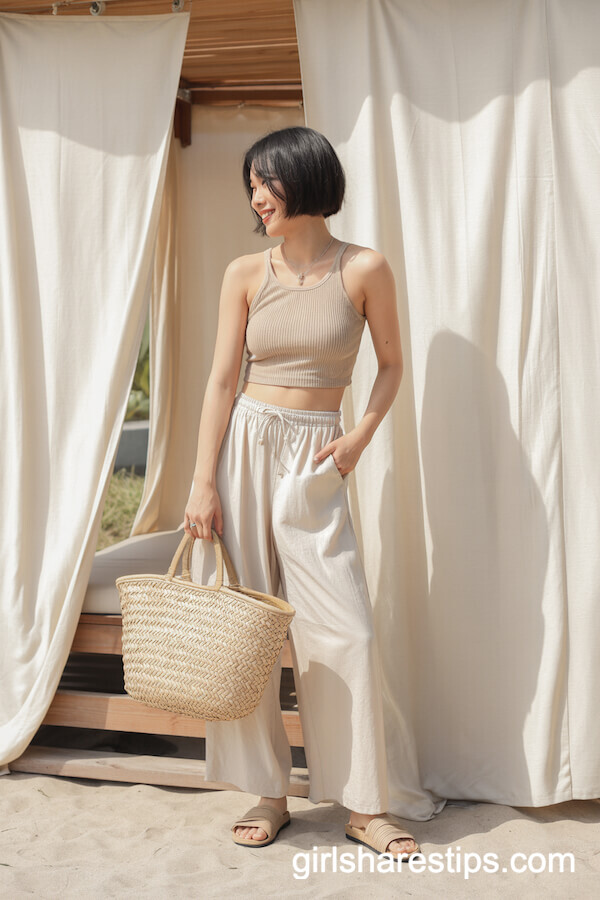 Beige Ribbed Crop Top with Cream Palazzo Pants