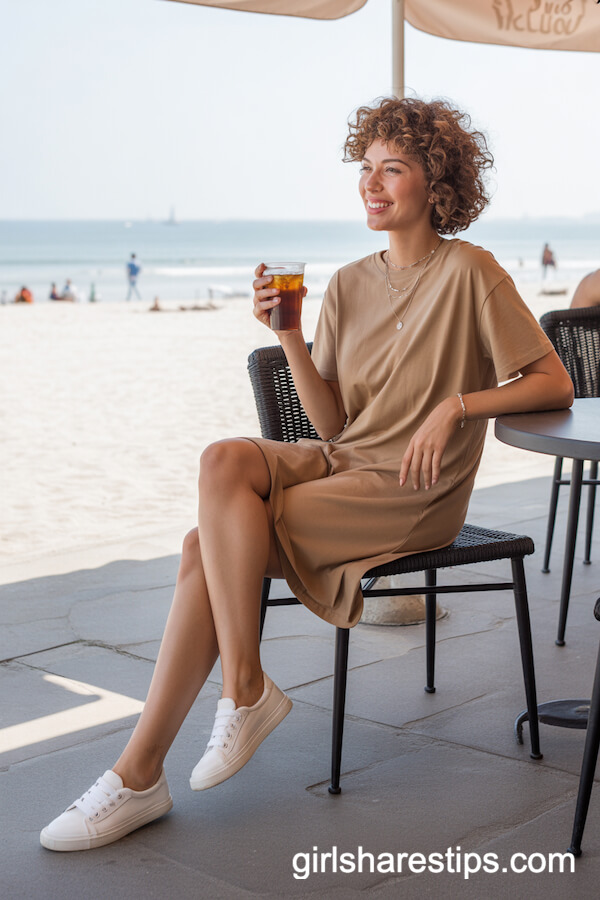 Tan T-Shirt Dress with White Slip-On Sneakers