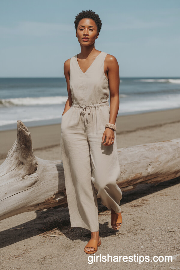 Oatmeal Linen Jumpsuit with Tan Leather Slide Sandals