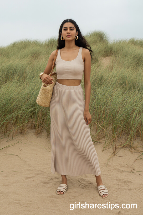 Beige Ribbed Cropped Top and Matching Midi Skirt Set