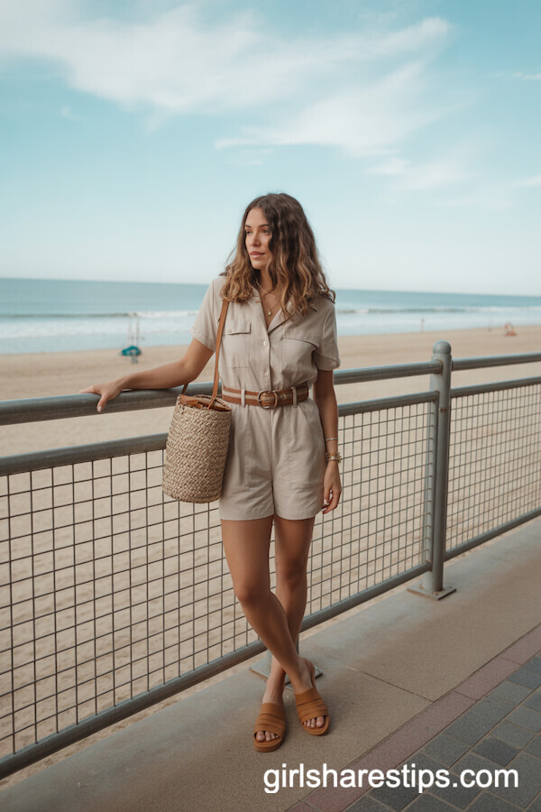 Stone-Colored Belted Romper Tan Slides