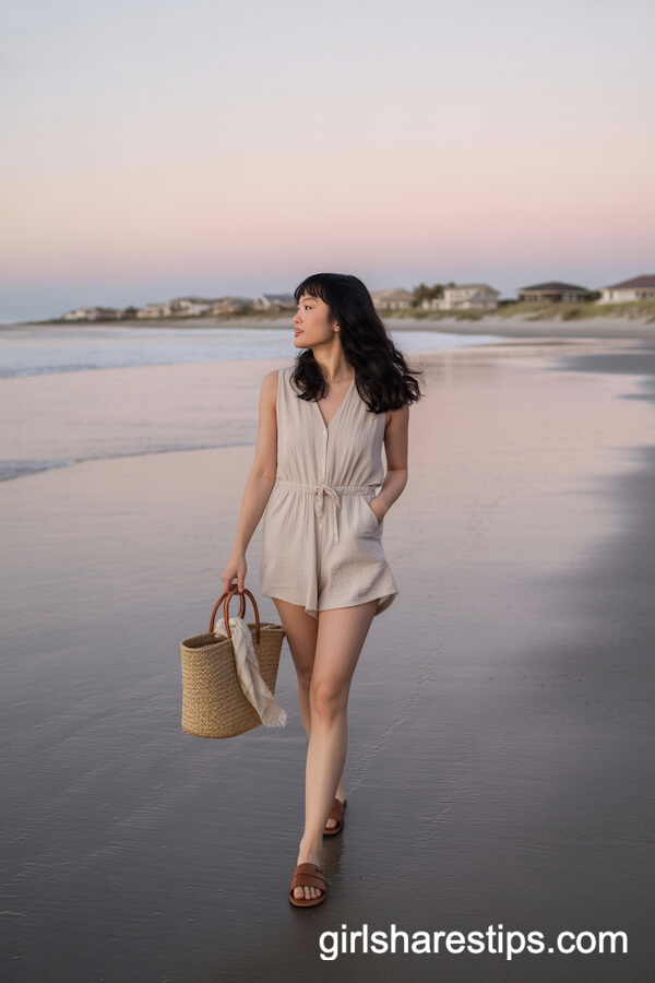 Light Beige Playsuit with Brown Sandals and Straw Tote