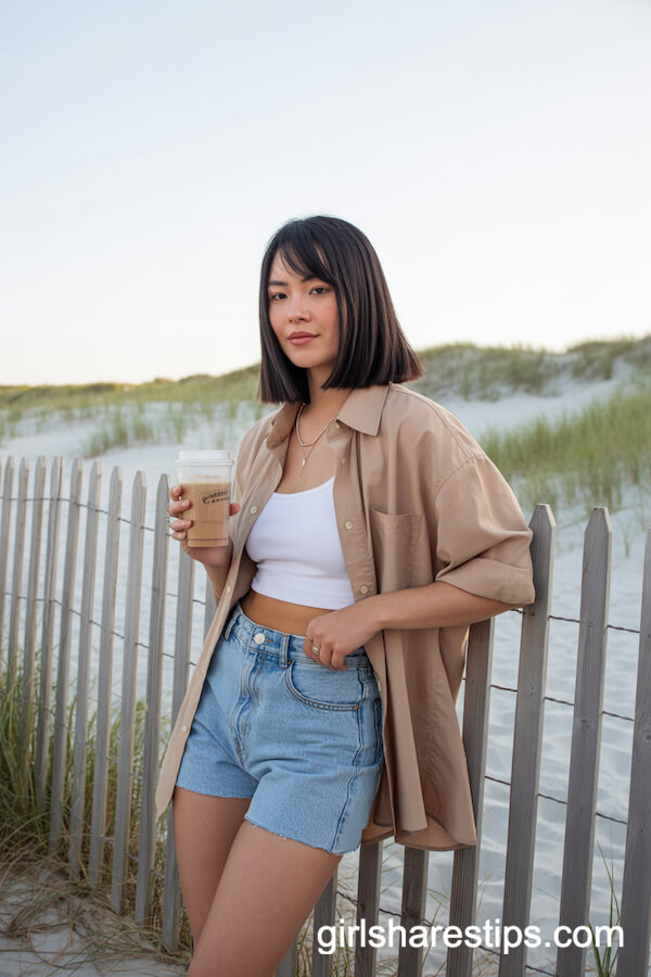 Oversized Tan Button-Down Shirt Over Denim Cutoff Shorts