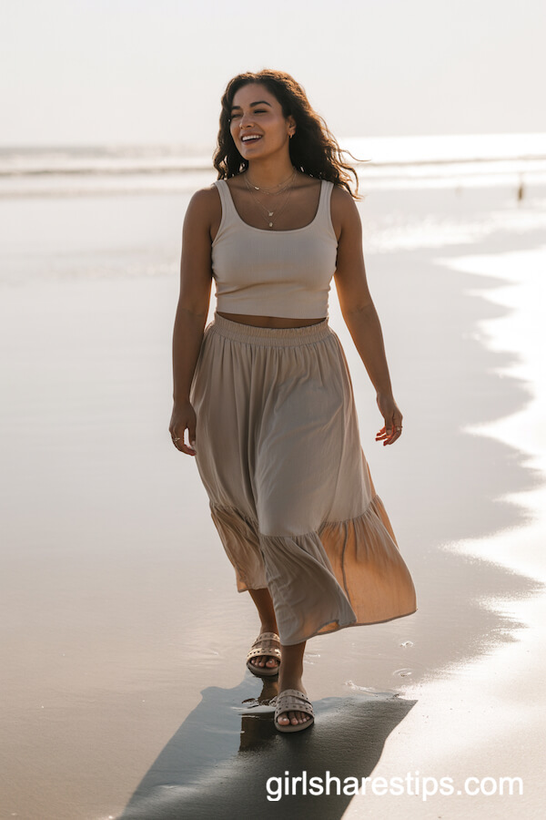 Beige Flowy Maxi Skirt and Ivory Tank Top Ensemble