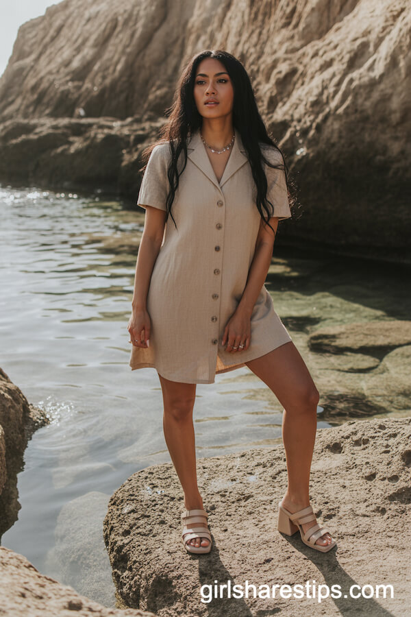 Sand Linen Mini Dress Paired with Nude Block Sandals