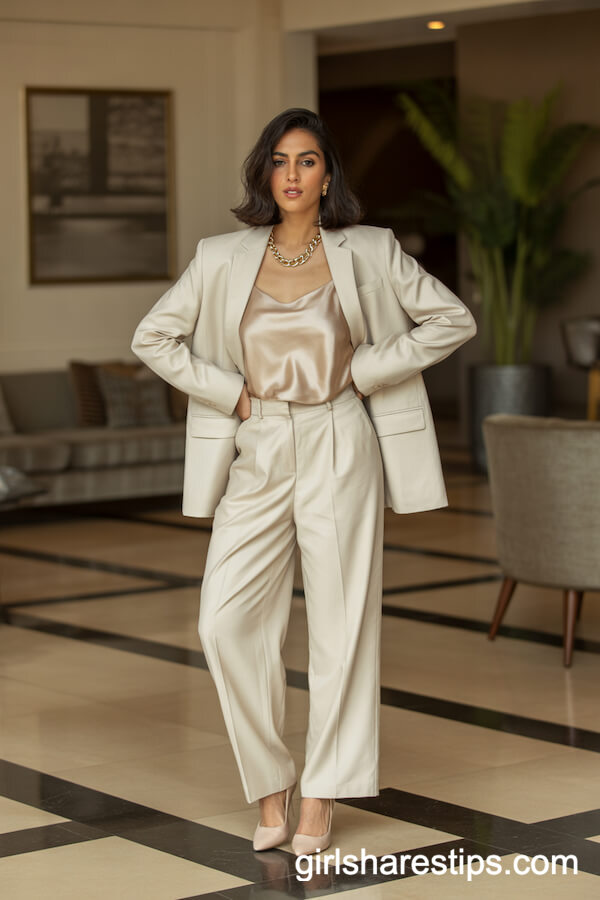 Cream Blazer & Champagne Silk Cami Outfit