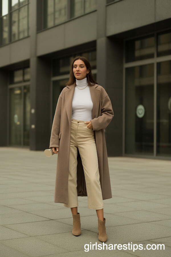 Stone-Colored Wool Coat Beige Cropped Pants