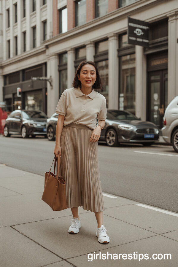 Beige Polo & Pleated Midi Skirt with White Sneakers