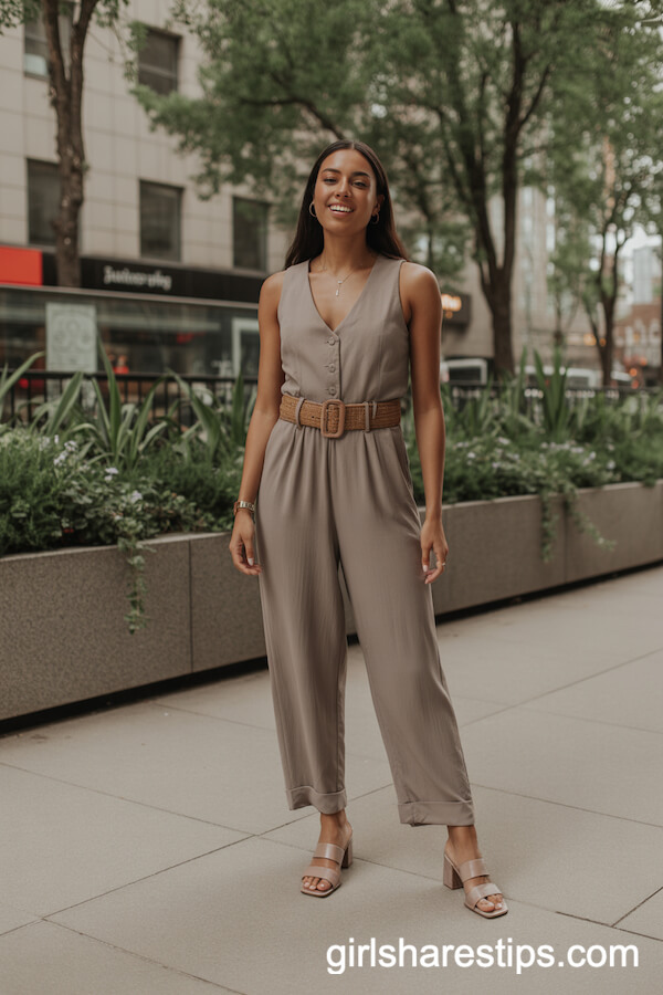 Sleeveless Taupe Jumpsuit With Tan Belt