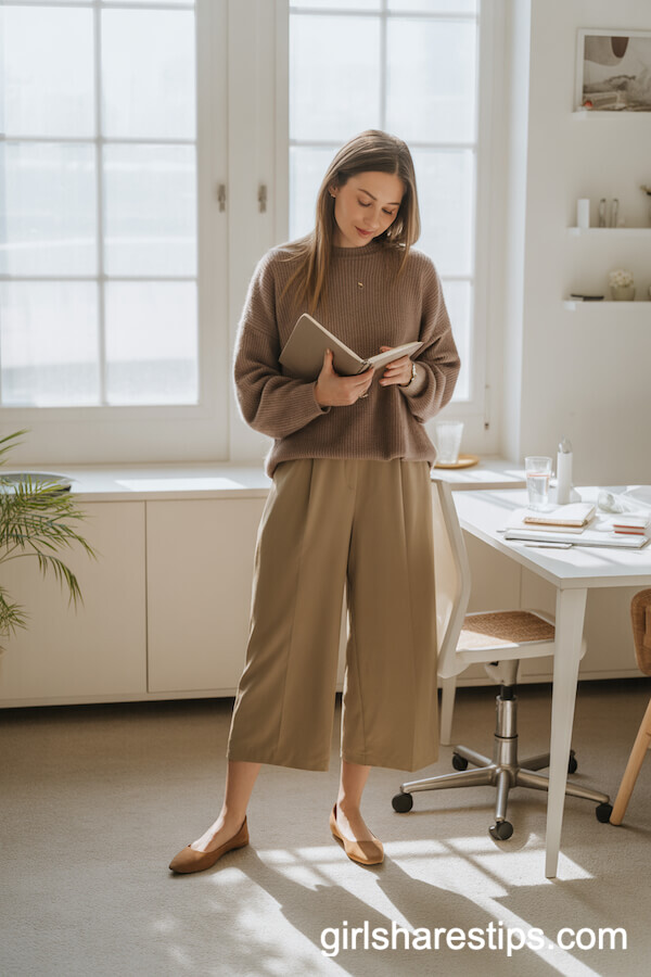 Taupe Sweater Khaki Culottes with Ballet Flats