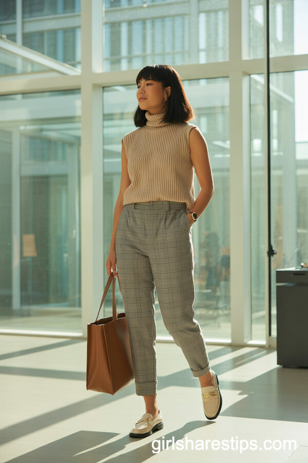 Beige Ribbed Turtleneck Gray Plaid Pants