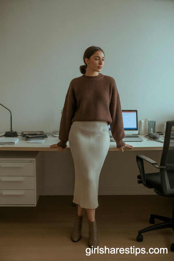 Mocha Brown Sweater Over Cream Skirt