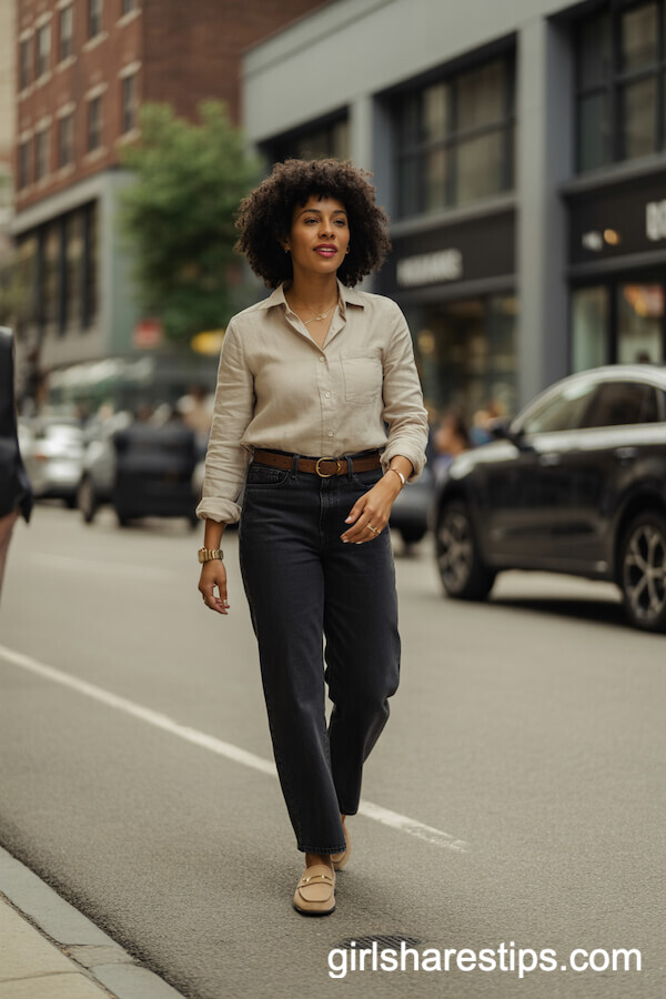 Beige Linen Shirt Dark Straight-Leg Jeans