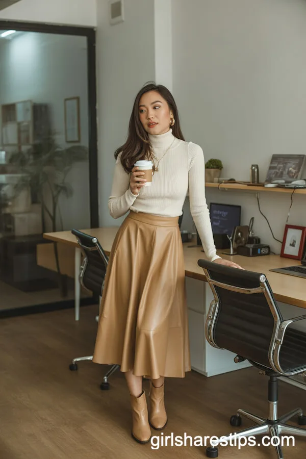 Cream Sweater With Tan Midi Skirt Outfit