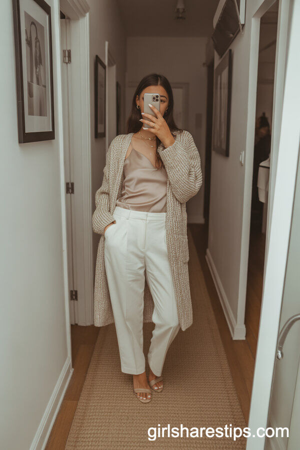 Oat Cardigan White Tailored Trousers Outfit