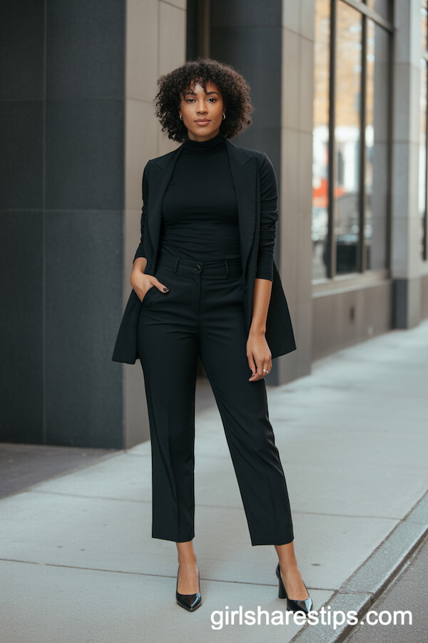 All-Black Turtleneck & Cropped Trousers Look