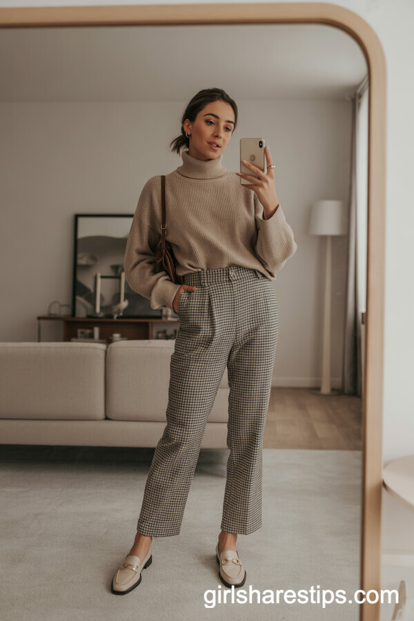 Beige Turtleneck and Checked Trousers Style